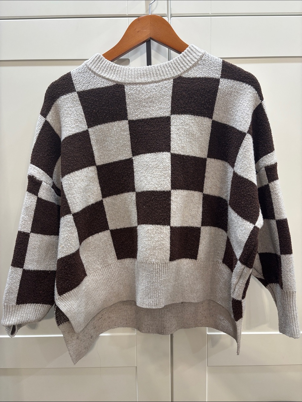Sincerely Jules Checkerboard Knit Sweater in Brown & Cream
